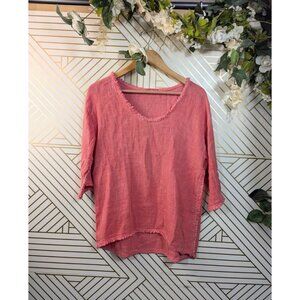 Catwalk Studio Women's Blouse Linen Blend Relaxed 3/4 Sleeve Tunic Raw Hem S/M